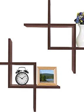 New Set of 2 Criss Cross Intersecting Wall Mounted Floating Shelves- Walnut Fini